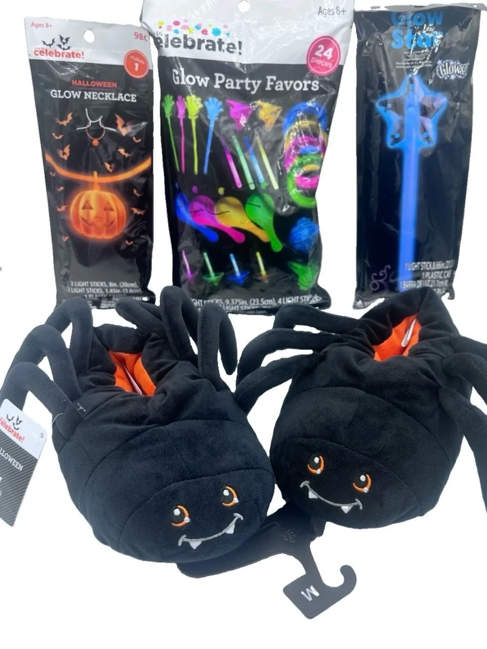 Celebrate Halloween Kids Black Spider Critter Slippers M (11-12) & Glow Toy Lot